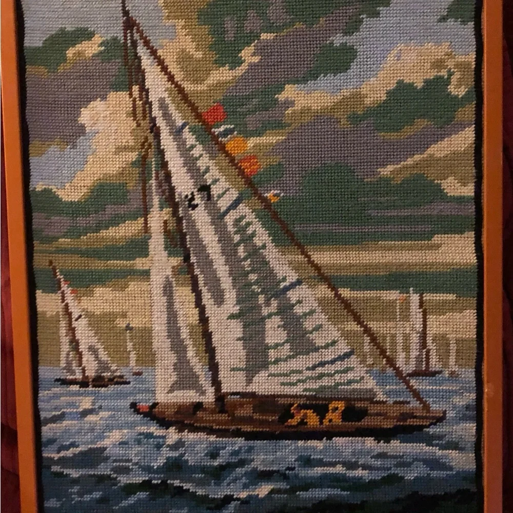 Handcrafted Sailboat Needlepoint Wall Art in Blue and Cream GORGEOUS